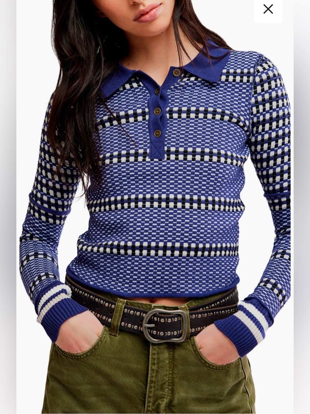 We The Free Level Up Swift Collared Long Sleeve Top in navy combo size xs